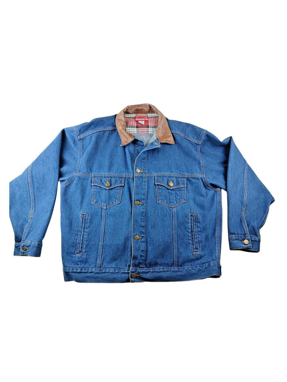 Marlboro Country Store Vtg Denim Trucker Leather Collar Jeans Jacket Sz XL